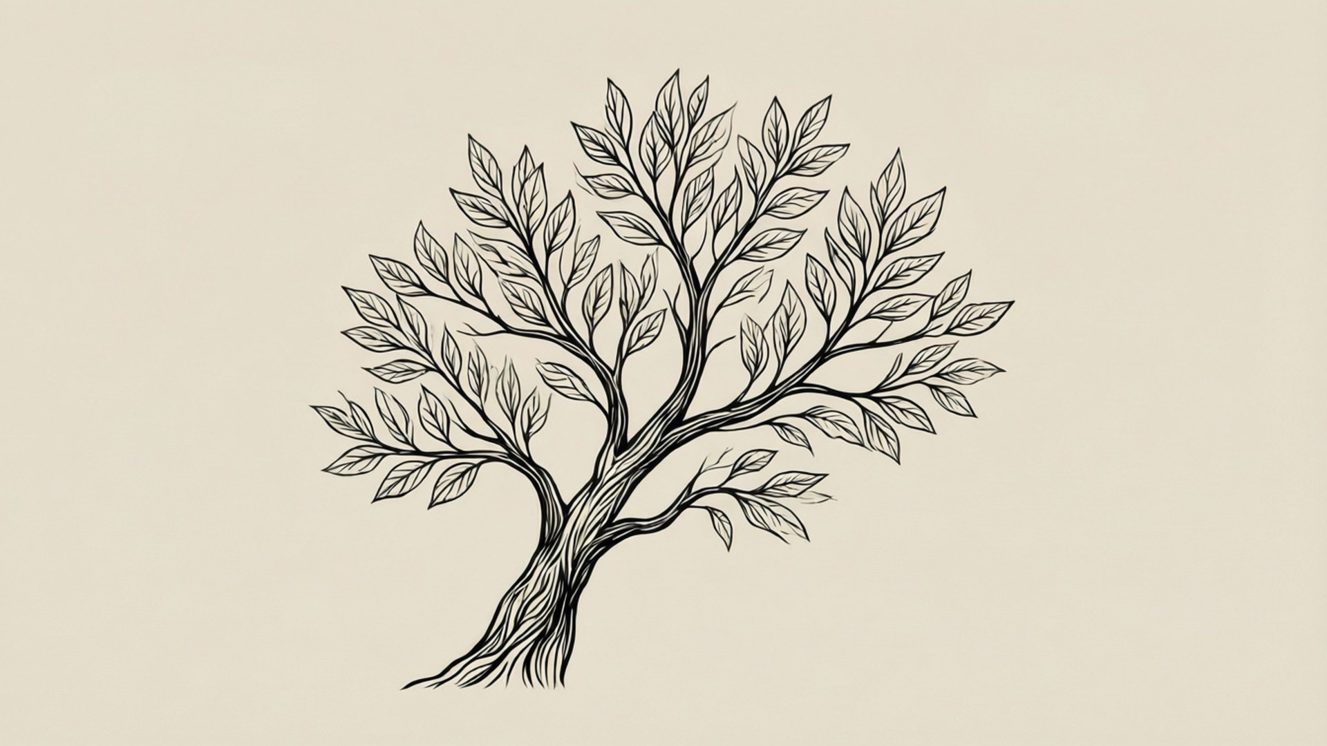 一棵樹的風格化黑色線條畫，帶有詳細的樹枝和樹葉。