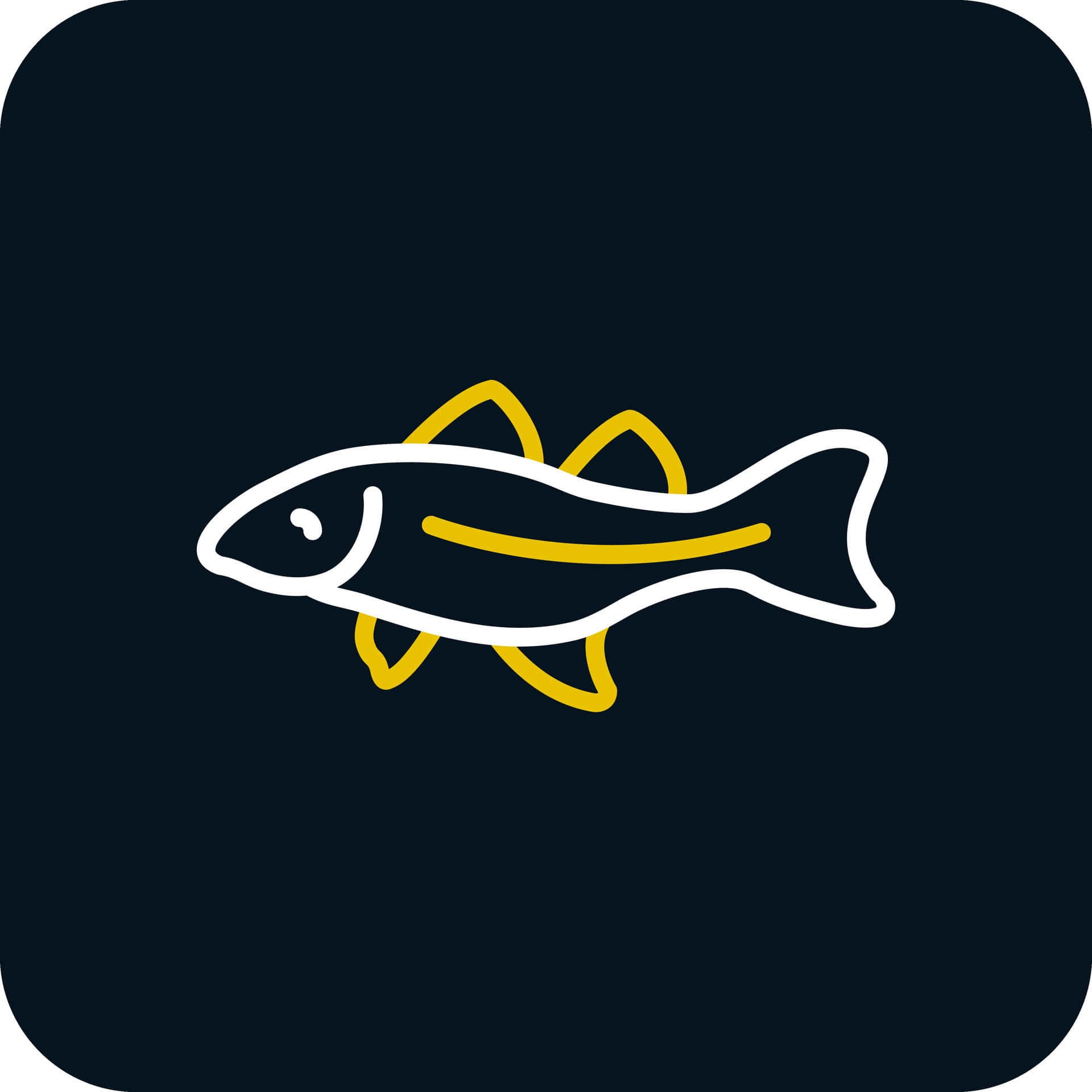 Arctic Cod 桌布 壁紙 — 一個極簡風格的魚圖標，帶有白色和黃色輪廓，在深海軍藍背景上游動。