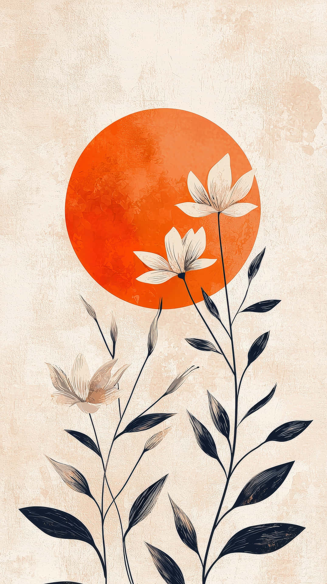 抽象花卉插圖，橙色太陽和深色葉子，米色紋理背景