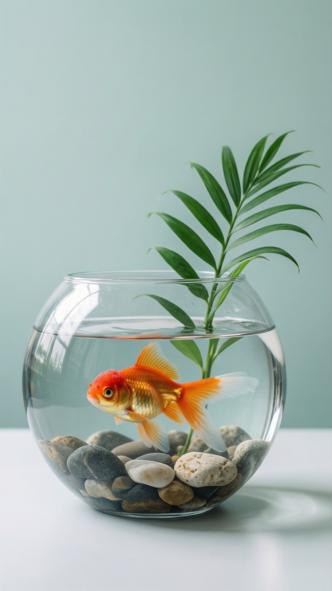 一條金魚在一個玻璃碗中，裡面有鵝卵石和一棵綠色植物，放在白色表面上。