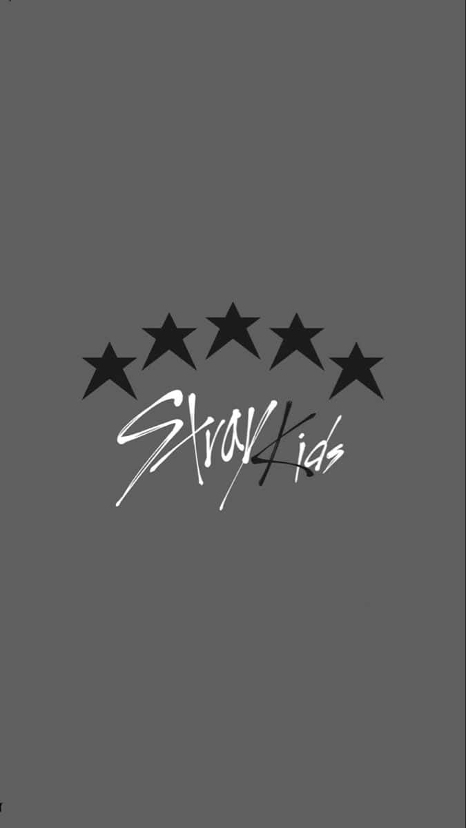  壁紙 — 極簡灰色牆紙，上面有Stray Kids標誌，五顆黑色星星位於風格化白色文字上方。