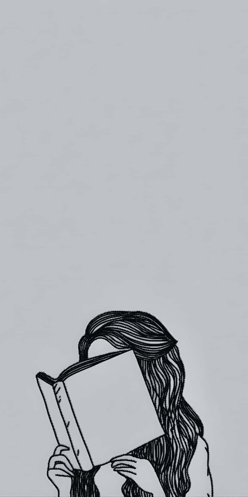  壁紙 — 一幅極簡線條藝術插圖，描繪一個長髮的人拿著一本書遮住臉，背景是純灰色。