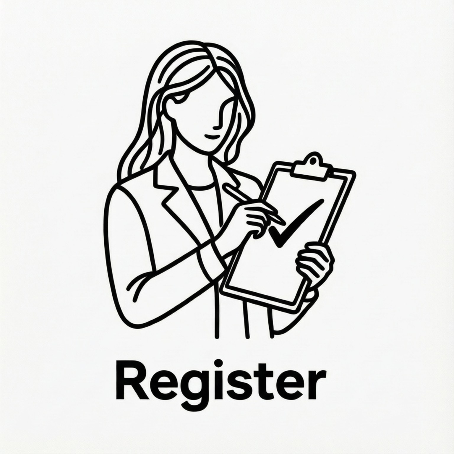 穿著西裝外套的女性在帶有register文字的剪貼板上打勾