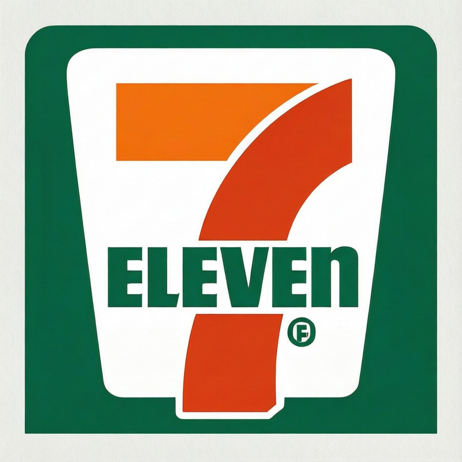 Seven eleven標誌，帶有橙紅色數字7和綠色文字，白色背景，深綠色邊框。
