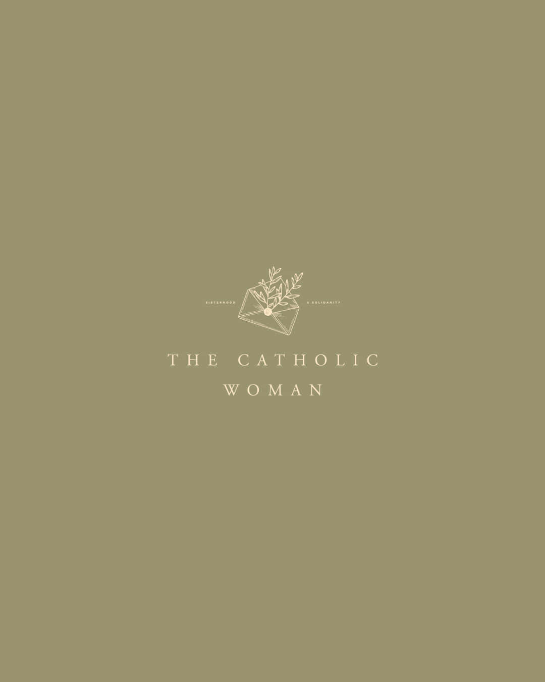  壁紙 — 簡約橄欖綠背景，配上精緻線條藝術信封及文字「THE CATHOLIC WOMAN」。