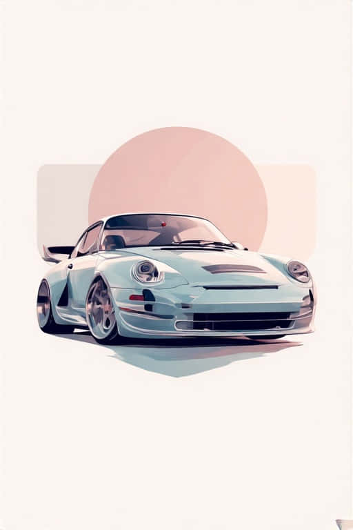 淺藍色保時捷911 GT1跑車，配備定制輪圈和後尾翼，以粉紅色圓形背景為襯托。