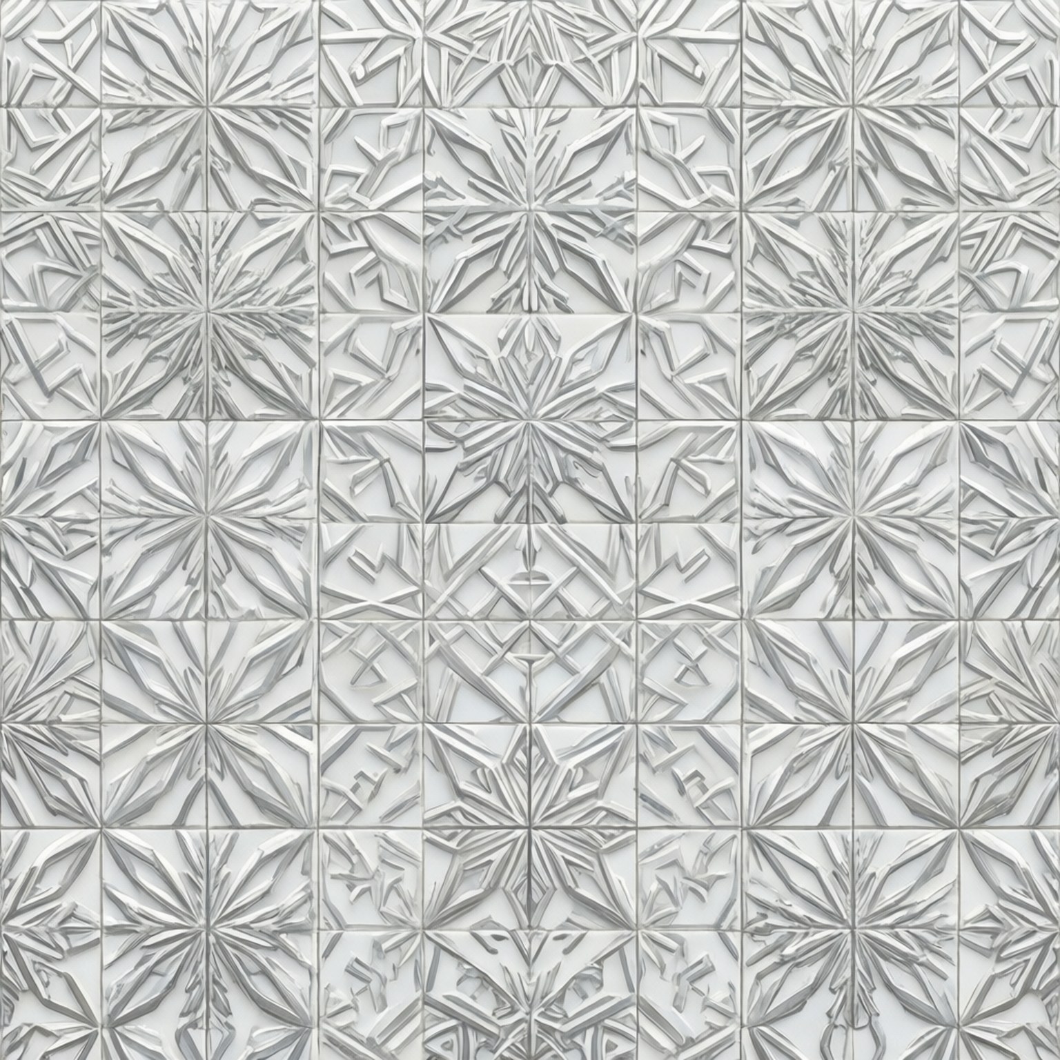灰色紋理牆紙，帶有重複的3D浮雕雪花瓷磚圖案
