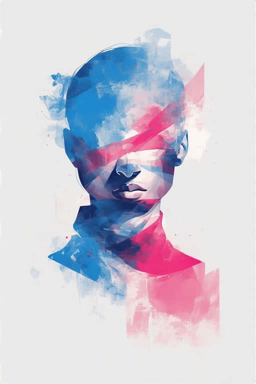 Minimalist Transgender Pride Symbol  Modern 4K 壁紙 — 一個人的抽象肖像，以藍色和粉紅色水彩筆觸在淺灰色背景上形成面部特徵。