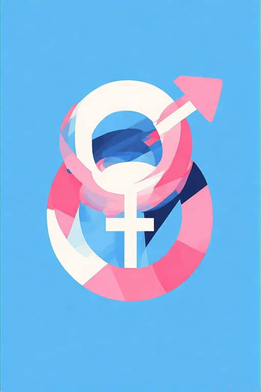Minimalist Transgender Pride Symbol  Modern 4K 壁紙 — 一個風格化的性別符號，帶有粉紅色和藍色的幾何切面，置於純淺藍色背景上。