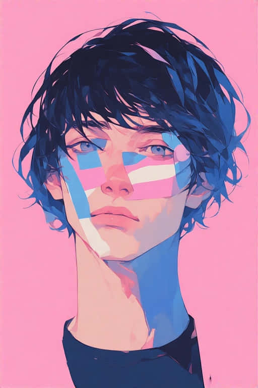 Minimalist Transgender Pride Symbol  Modern 4K 壁紙 — 一個風格化的人物肖像，深色頭髮和藍色眼睛，臉部部分被粉紅、藍、白旗幟圖案遮蓋，背景為純粉紅色。