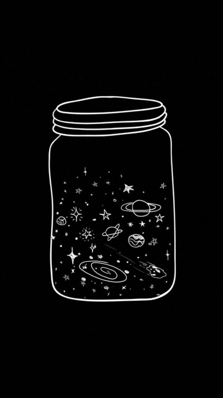 一個罐子，裡面包含一個微型宇宙，有星星、行星和星系，以白色線條繪製。 — 可愛星系 壁紙