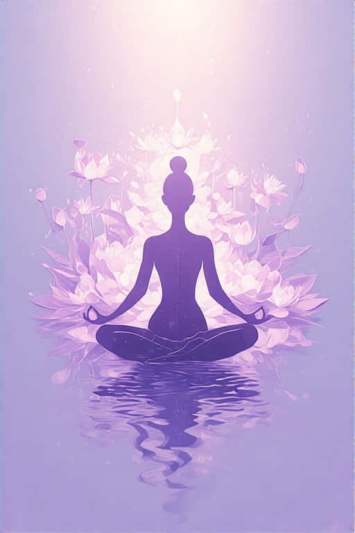 一個人在水上被發光紫色蓮花包圍，以蓮花坐姿冥想