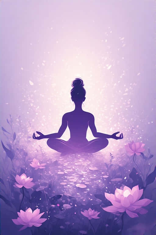 一個人在發光的紫色蓮花池中冥想，周圍有漂浮的花瓣