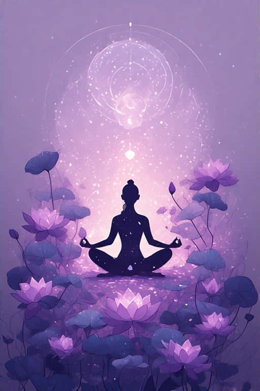 在紫色蓮花田中打坐的人，上方有發光的宇宙能量