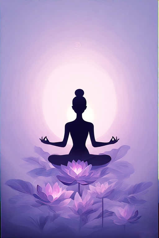 一位女性在柔和的月光下，在發光的蓮花上冥想。