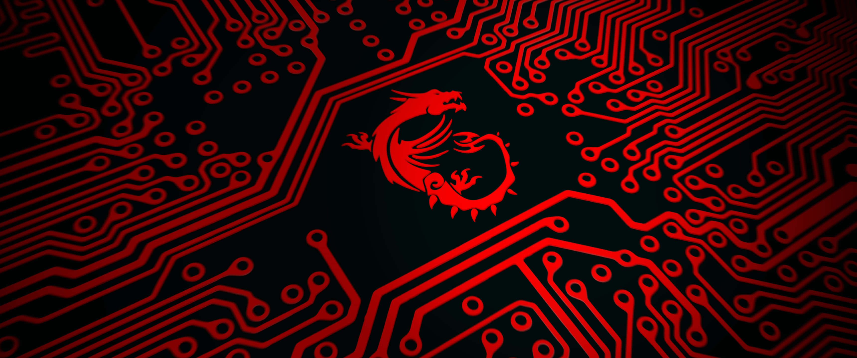 Minimalistic 3440x1440 Wallpaper 壁紙 — 一個發光的紅色龍標誌，居中於帶有複雜霓虹路徑的黑色電路板圖案上。