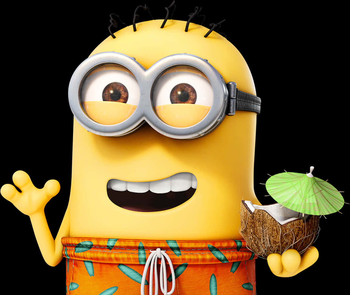 Minion度假模式 壁紙 — 一個穿著橙色泳褲的開心黃色Minion，一邊揮手一邊拿著一杯有綠色傘的椰子飲品。