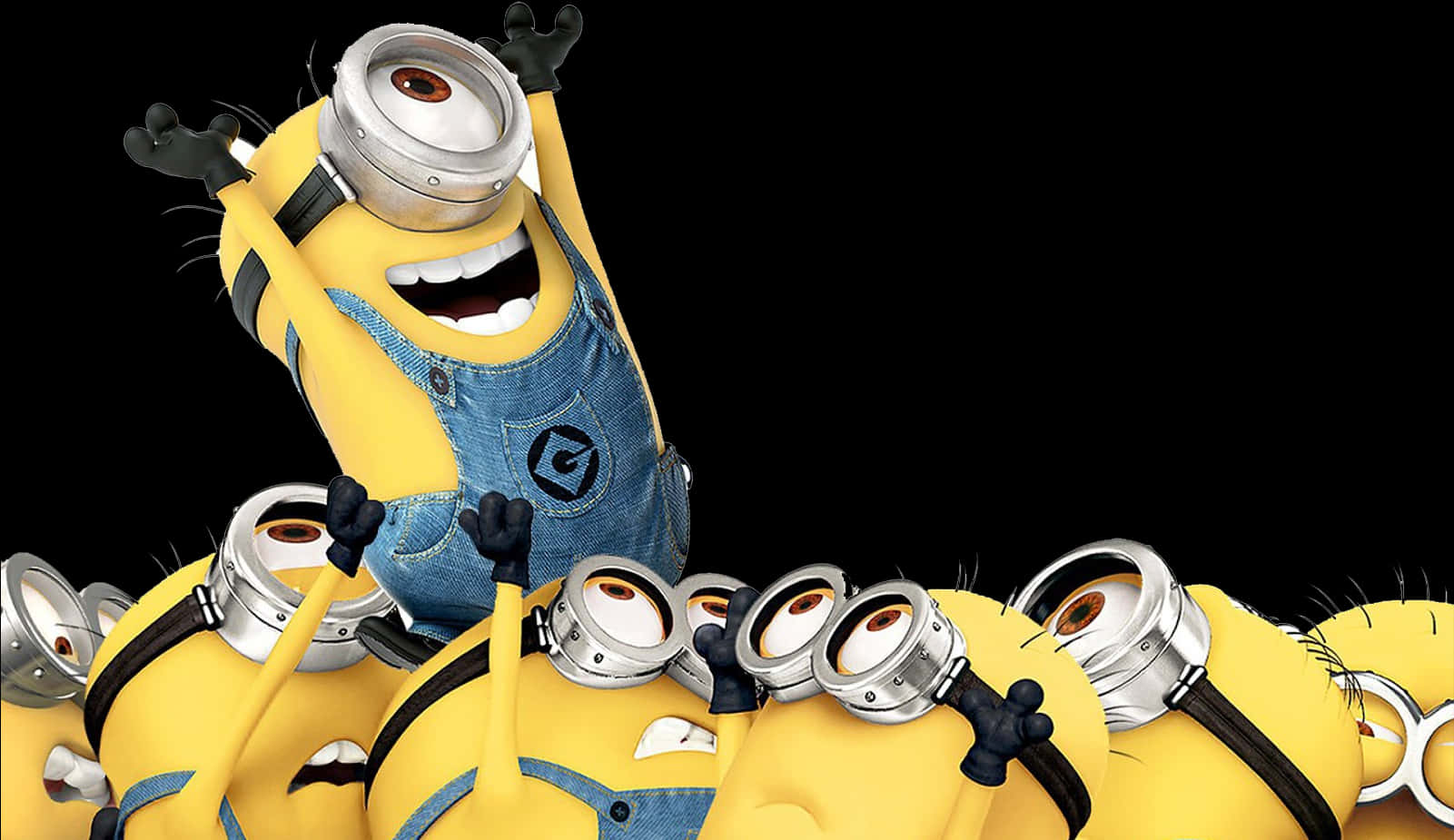 興奮的Minions慶祝群像 壁紙 — 一個快樂的Minion穿著牛仔工裝褲，在黑色背景上興高采烈地跳過一群其他Minion。