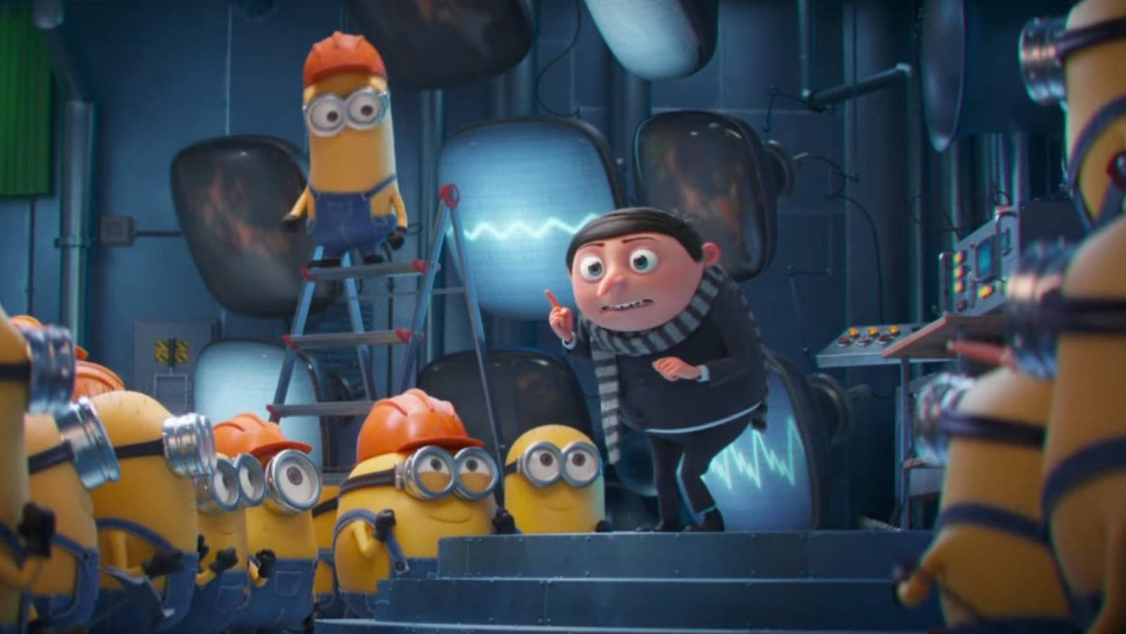 Gru喺高科技實驗室環境中指揮佢嘅Minions。