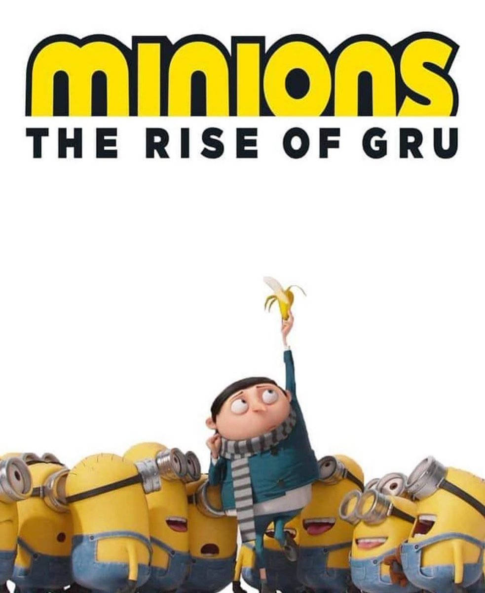 Gru 在電影海報中拿著香蕉，周圍有 Minions。
