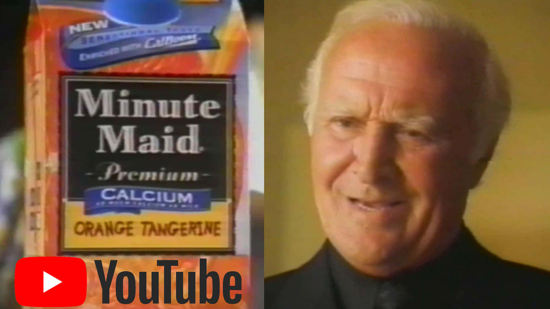 羅伯特·羅吉亞為Minute Maid代言 壁紙 — 一個復古 Minute Maid 橙汁柑橘汁盒，旁邊有一位穿著深色西裝、微笑的老年男子。