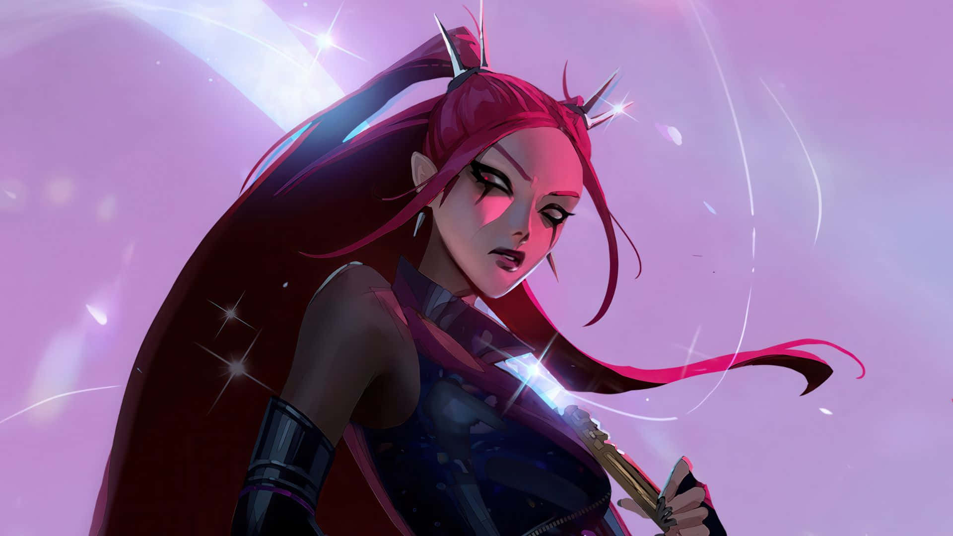 Mira Kpop 暗黑獵魔人角色 壁紙 — 一個兇猛的動漫戰士，擁有深紅色的頭髮和發光的劍，站在燦爛的紫色宇宙背景前。