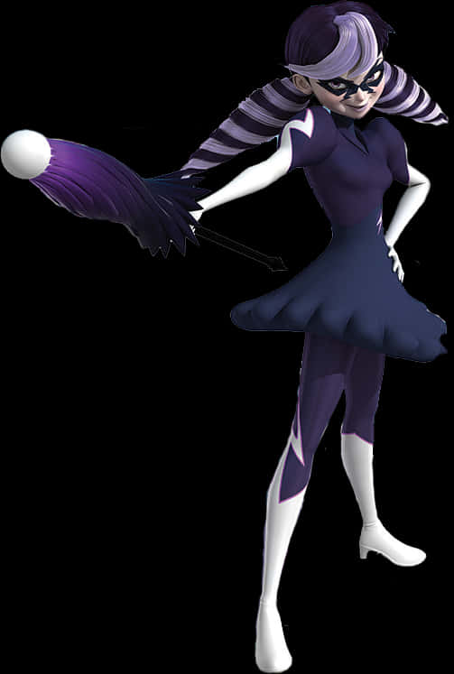 Miraculous Ladybug 角色劍士姿勢 壁紙 — 一個風格化的動畫角色穿著紫色和白色的服裝，在黑色背景前揮舞掃帚。