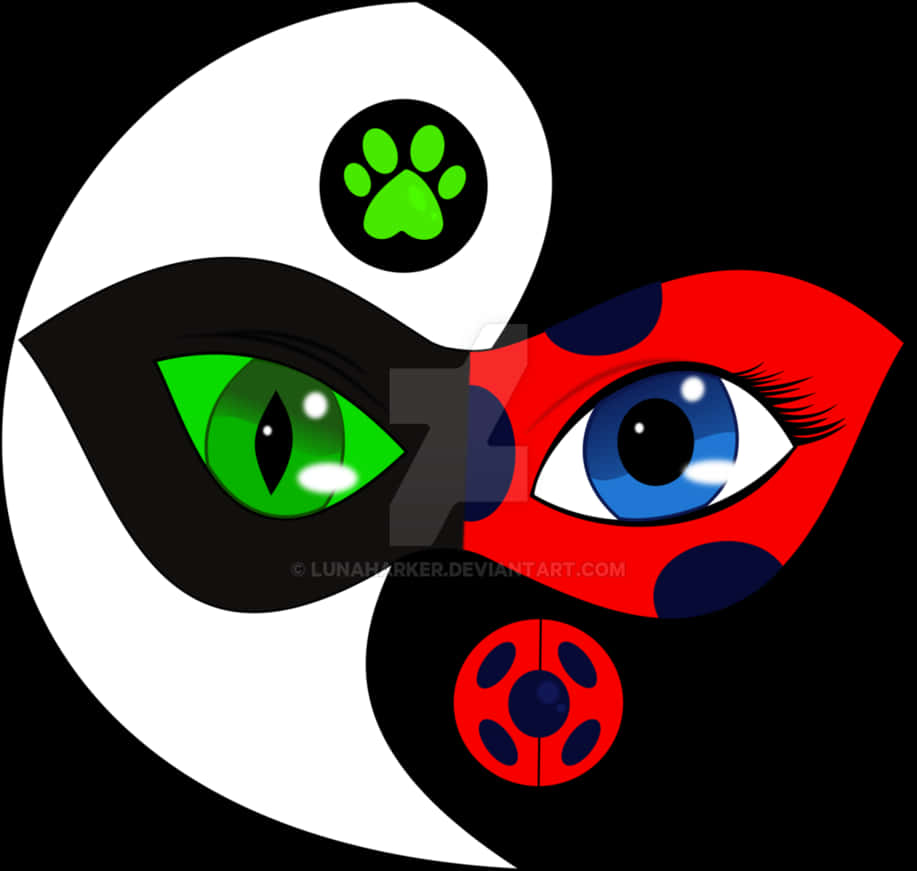Miraculous Ladybug 與 Cat Noir 的陰陽符號 壁紙 — 一個風格化的臉部分為白色和紅色兩半，有綠色和藍色的眼睛，以及黑色背景上的瓢蟲圖案。