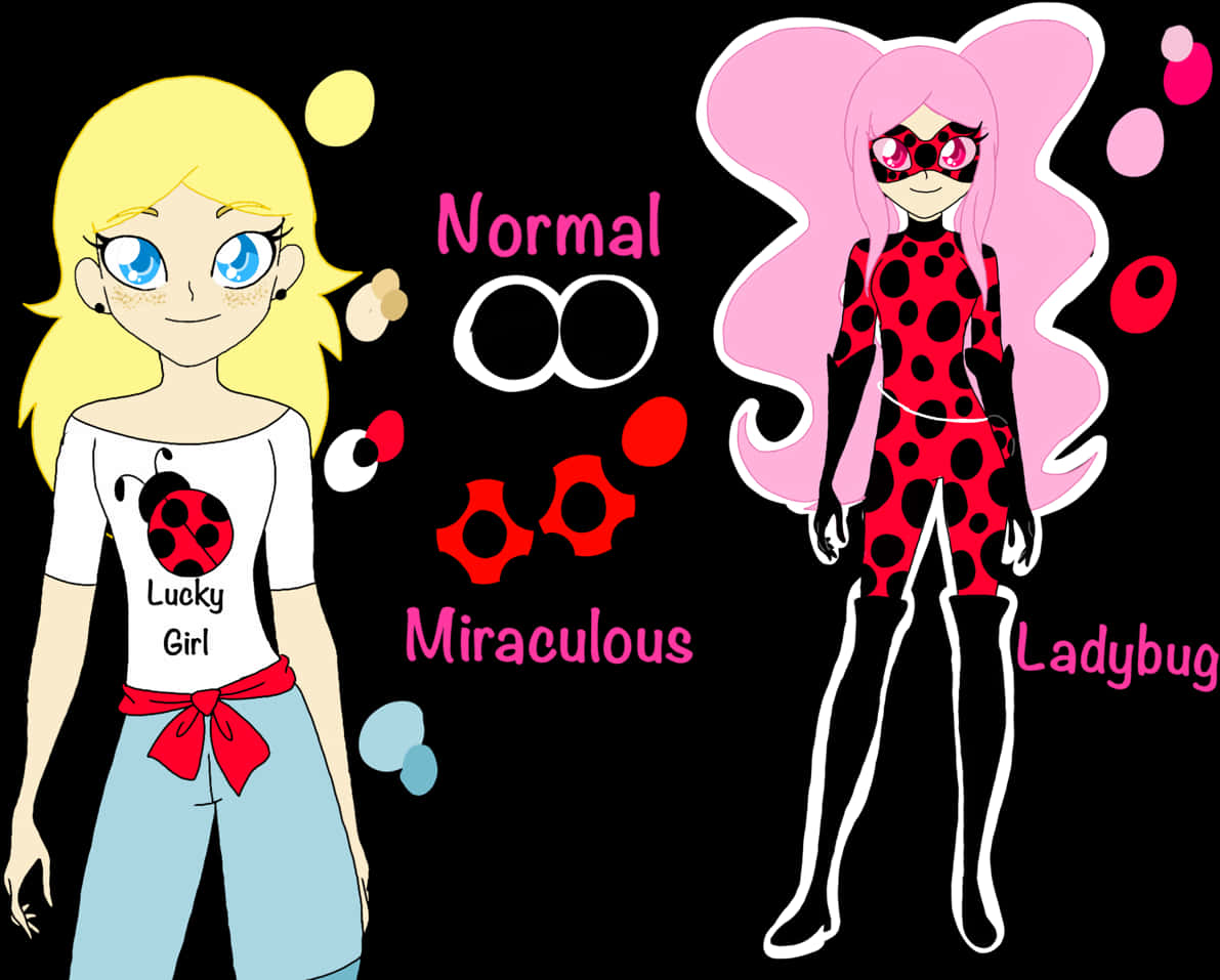 Miraculous Ladybug 動畫變身插畫 壁紙 — 一個穿著休閒服的卡通女孩，旁邊是她超級英雄的另一個自我Ladybug，穿著紅色和黑色圓點套裝，粉紅色頭髮。