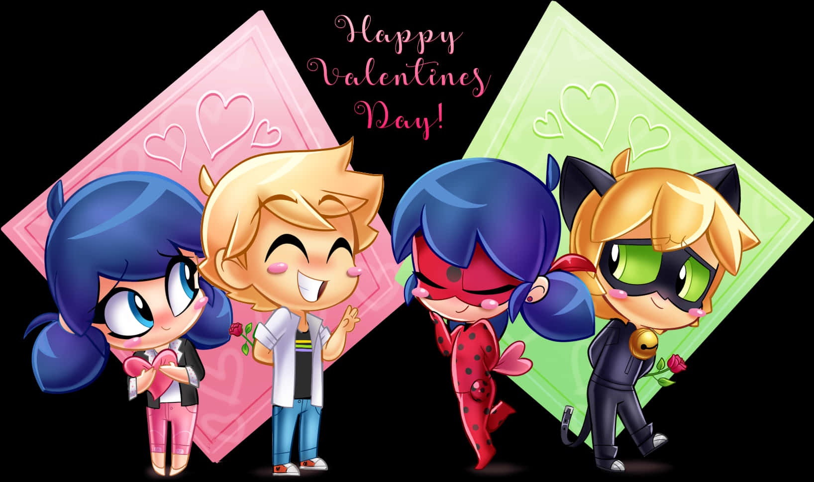 Miraculous Ladybug 情人節慶祝 壁紙 — 四個Q版動畫角色在粉紅色和綠色鑽石背景上，用愛心和玫瑰慶祝情人節。
