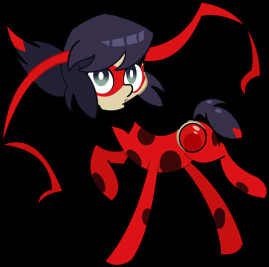 Miraculous Ladybug 腳踏實地馬版 壁紙 — 一個風格化的紅黑動漫角色，像瓢蟲，有大眼睛和流動的觸角，背景為深色。