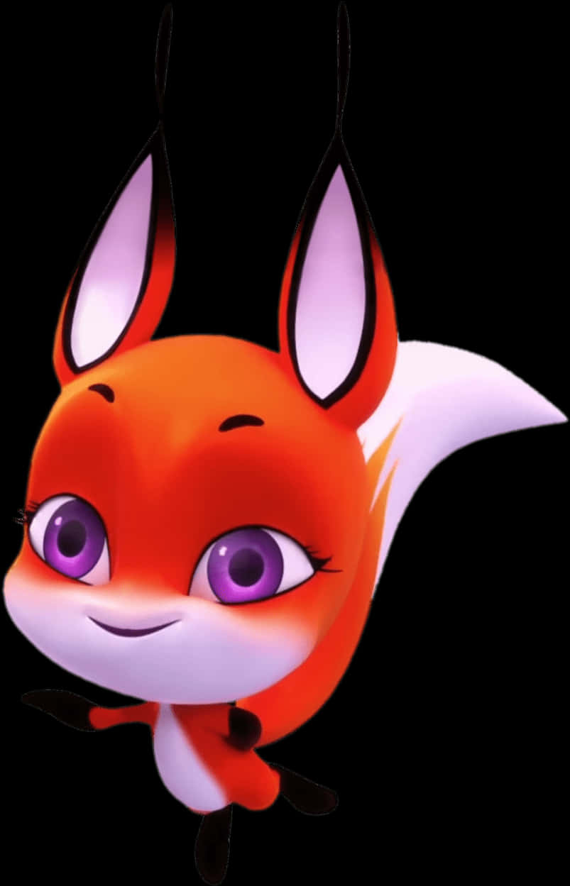 Miraculous Ladybug 三眼狐 Trixx 壁紙 — 一隻可愛的卡通狐狸，有橙色毛皮、紫色眼睛和白色尖尾，在黑色背景上微笑。