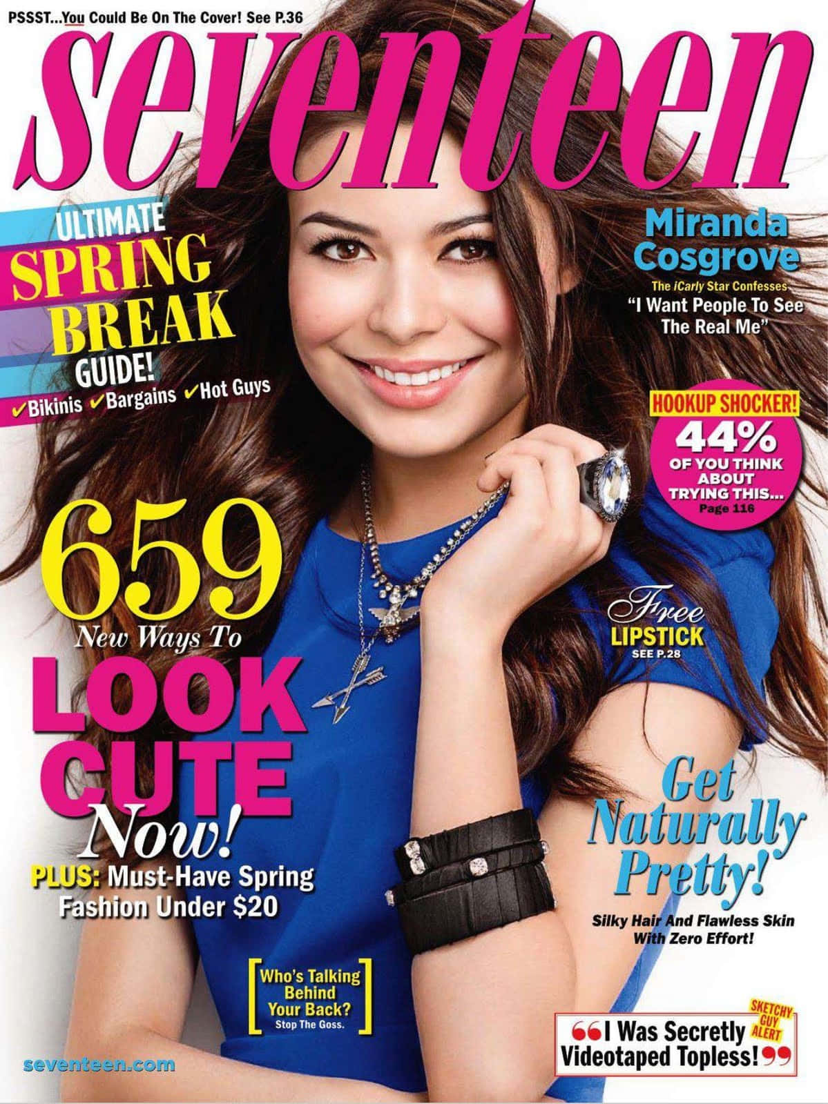 Magazine 桌布 壁紙 — Miranda Cosgrove 喺 Seventeen 雜誌封面燦爛微笑，身穿藍色上衣，手戴手錶。