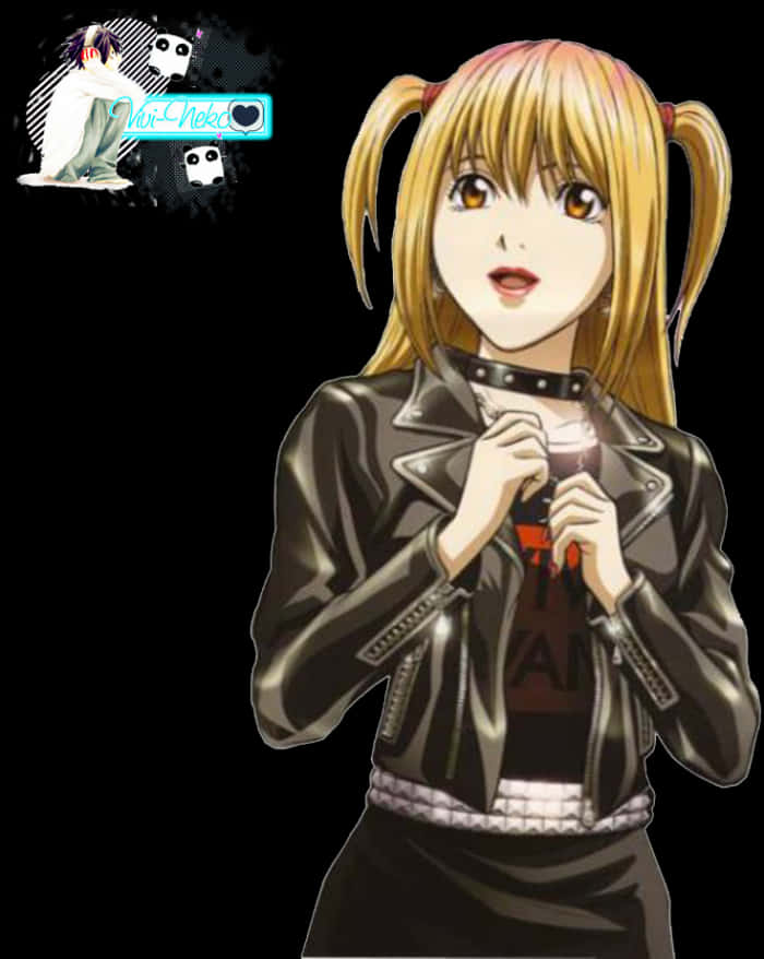 Misa Amane《死亡筆記》動漫角色 壁紙 — 金髮雙馬尾、棕色眼睛的動漫女孩，在黑色背景前穿著黑色皮褸配圖案T恤。