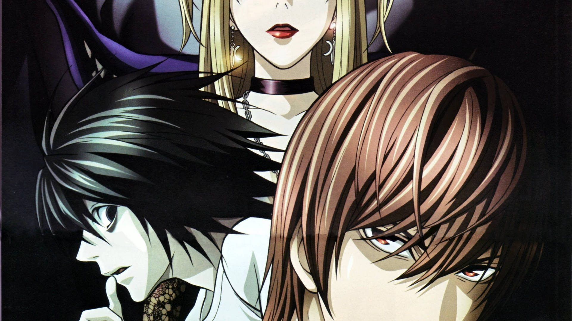 Misa Amane 主要三人組 壁紙 — 三個動漫角色，表情強烈，燈光戲劇化，背景黑暗。