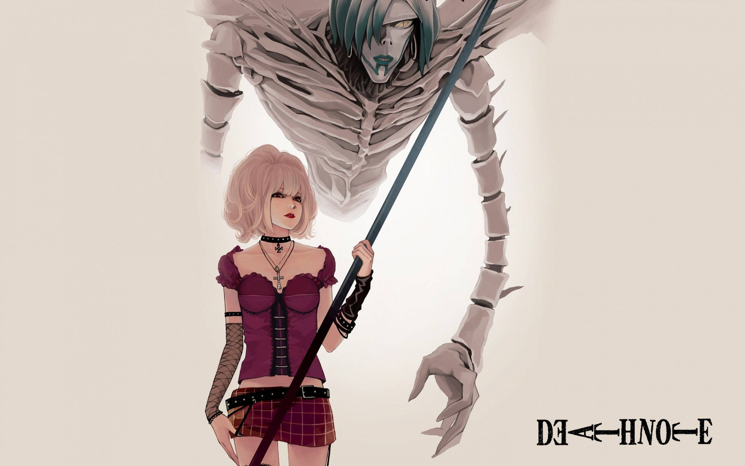 Misa Amane 同人畫 壁紙 — 一個粉紅色頭髮的動漫女孩穿著哥德式服裝，手持法杖對抗一個綠色頭髮的骷髏身影。