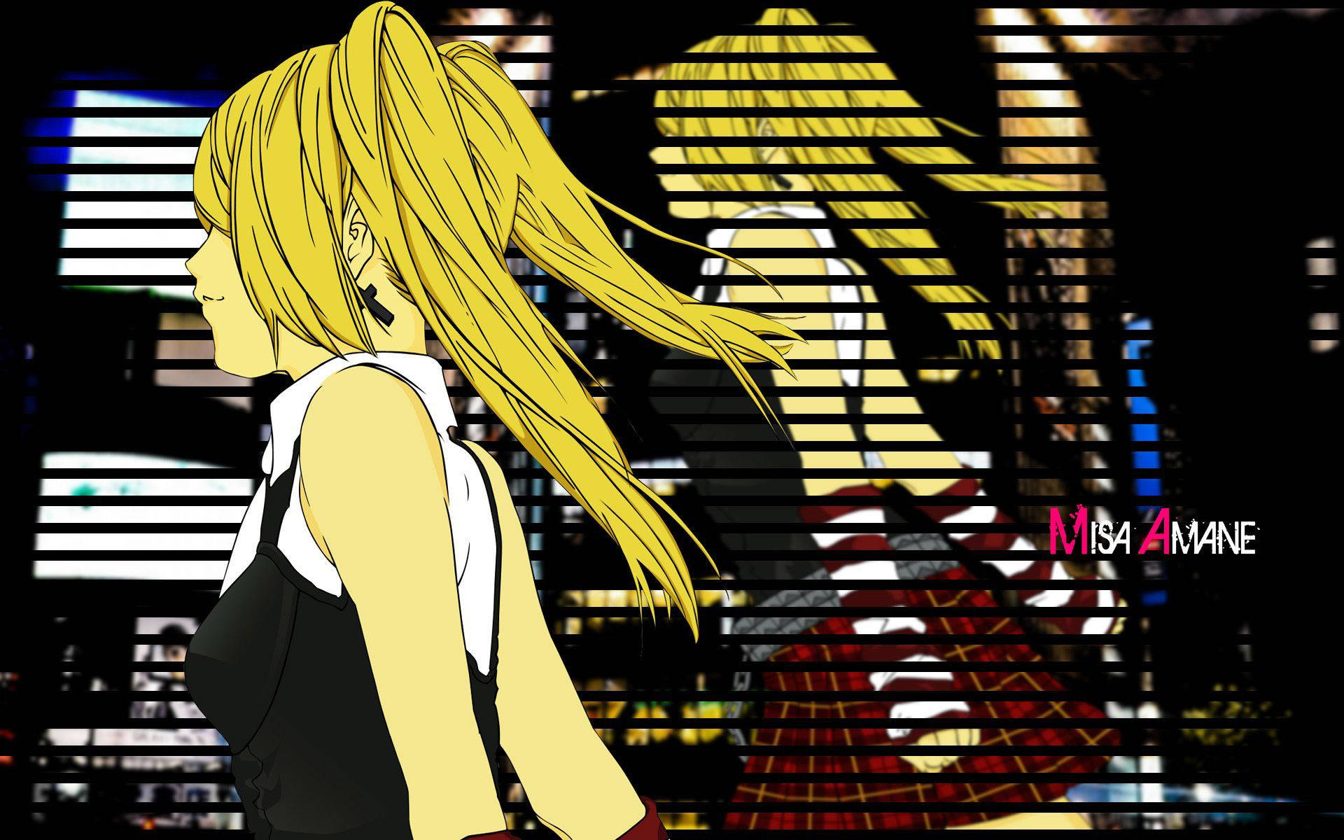 Misa Amane 城市條紋背景 壁紙 — 動漫女孩，黃色長髮飄逸，站在帶有霓虹燈的故障條紋城市景觀前。