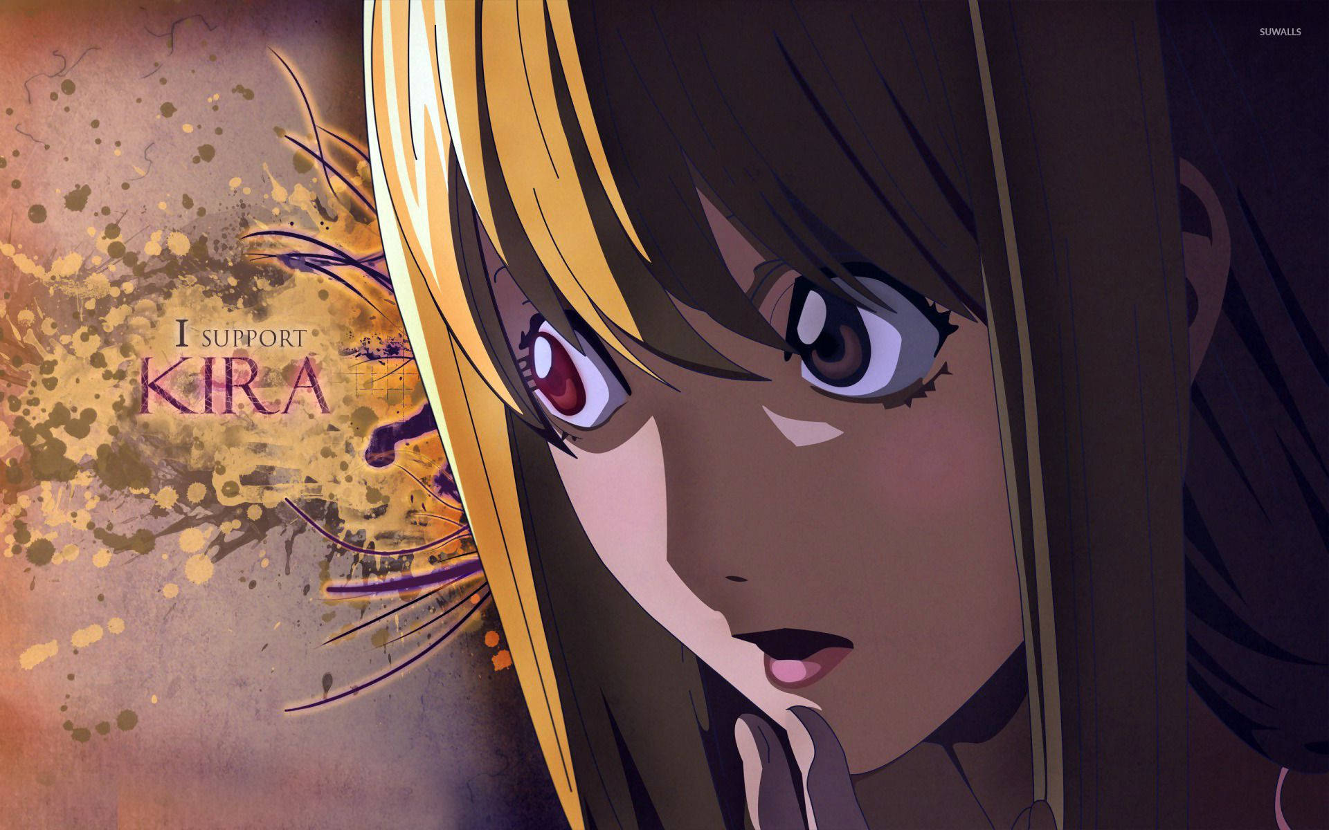 Misa Amane 支持Kira 壁紙 — 一個棕色頭髮和紅色眼睛的動漫女孩特寫，在帶有紋理的背景上強烈凝視，背景上有「I SUPPORT KIRA」文字。