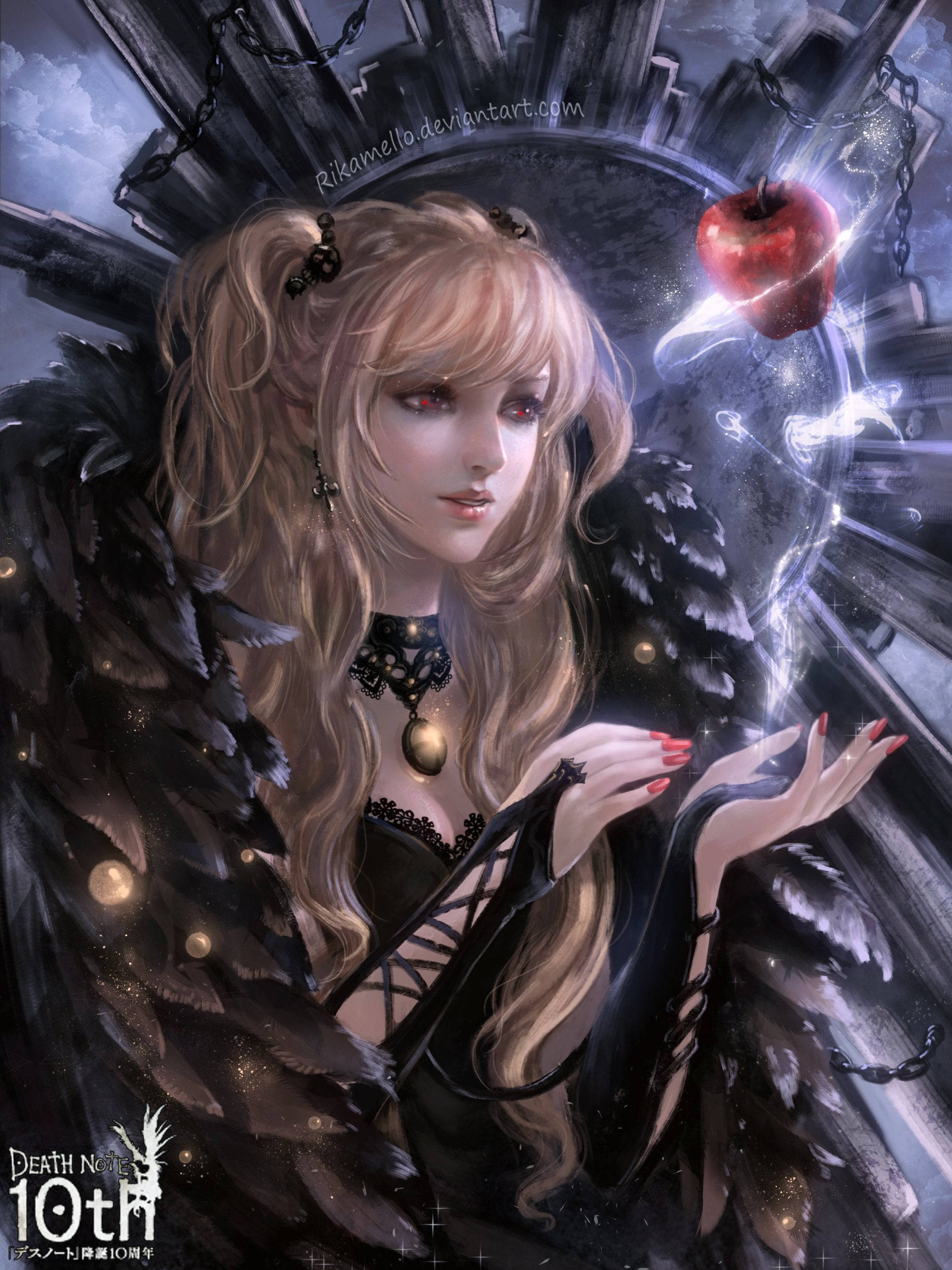 Misa Amane 神秘藝術 壁紙 — 一個黑暗奇幻動漫女孩，擁有天使翅膀和紅色眼睛，在哥德式城堡背景下拿著一個發光的紅蘋果。