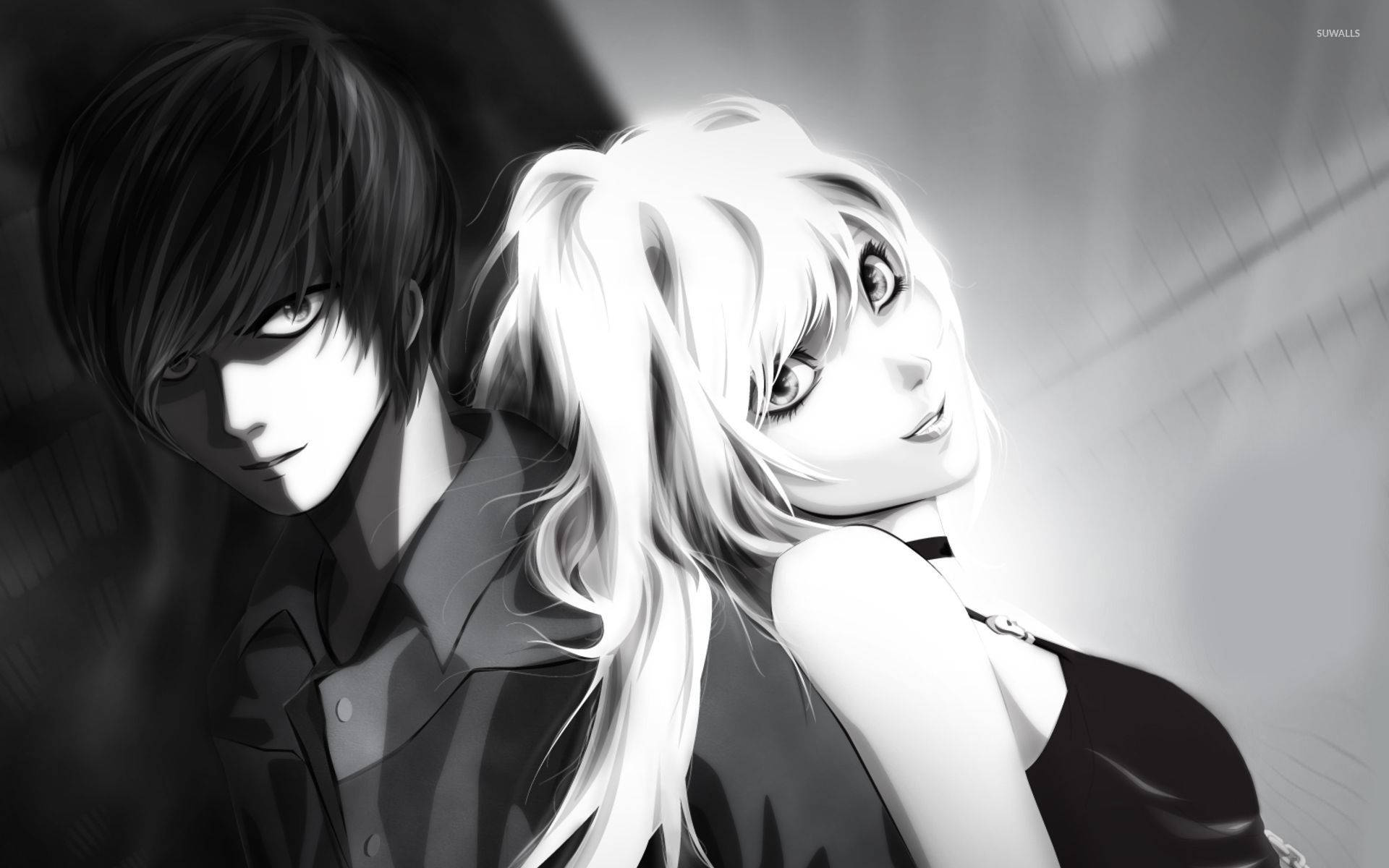 Misa Amane 與 Light Yagami 壁紙 — 一幅戲劇性的黑白動畫插圖，描繪兩個表情強烈、光線對比鮮明的角色。