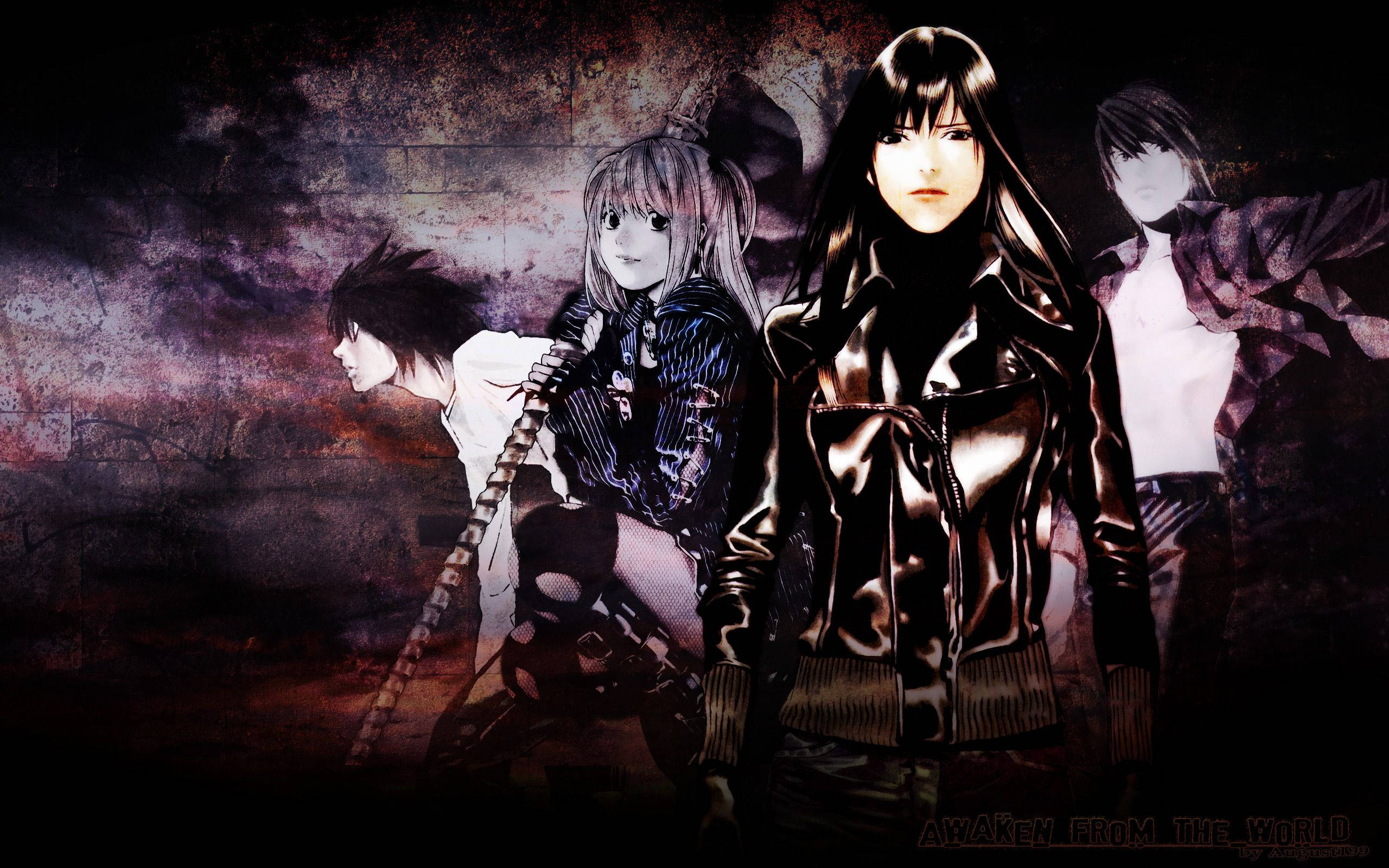 Misa Amane 與 Misora Naomi 壁紙 — 四個動漫角色站在黑暗骯髒的城市小巷中，帶有戲劇性的燈光和憂鬱的表情。
