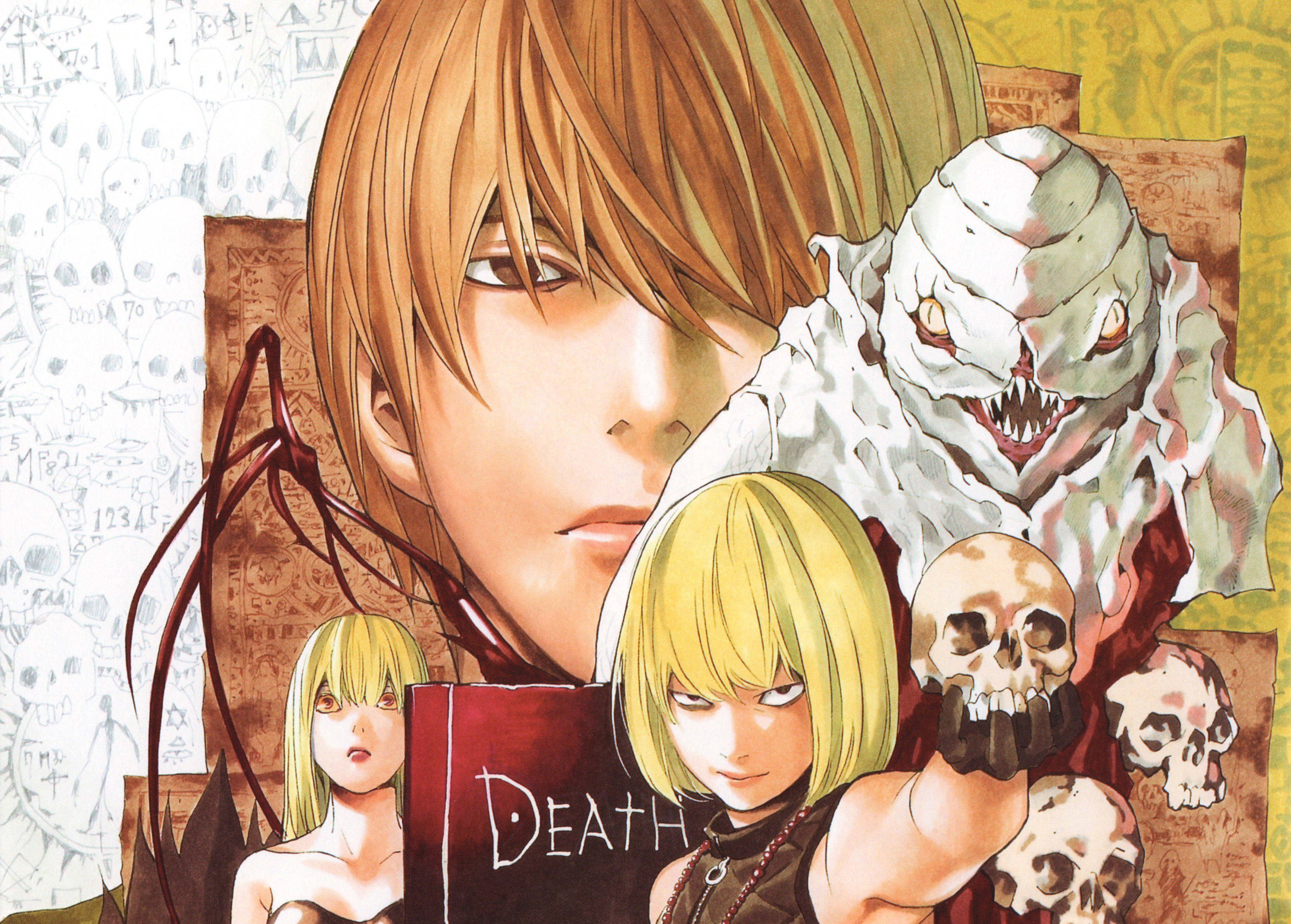 Misa Amane 與 Sidoh 與 Mello 壁紙 — 一個戲劇性的動漫插圖，描繪一個年輕男子與一個骷髏臉生物，以及一個金髮女孩在標有死亡的書旁邊拿著骷髏。