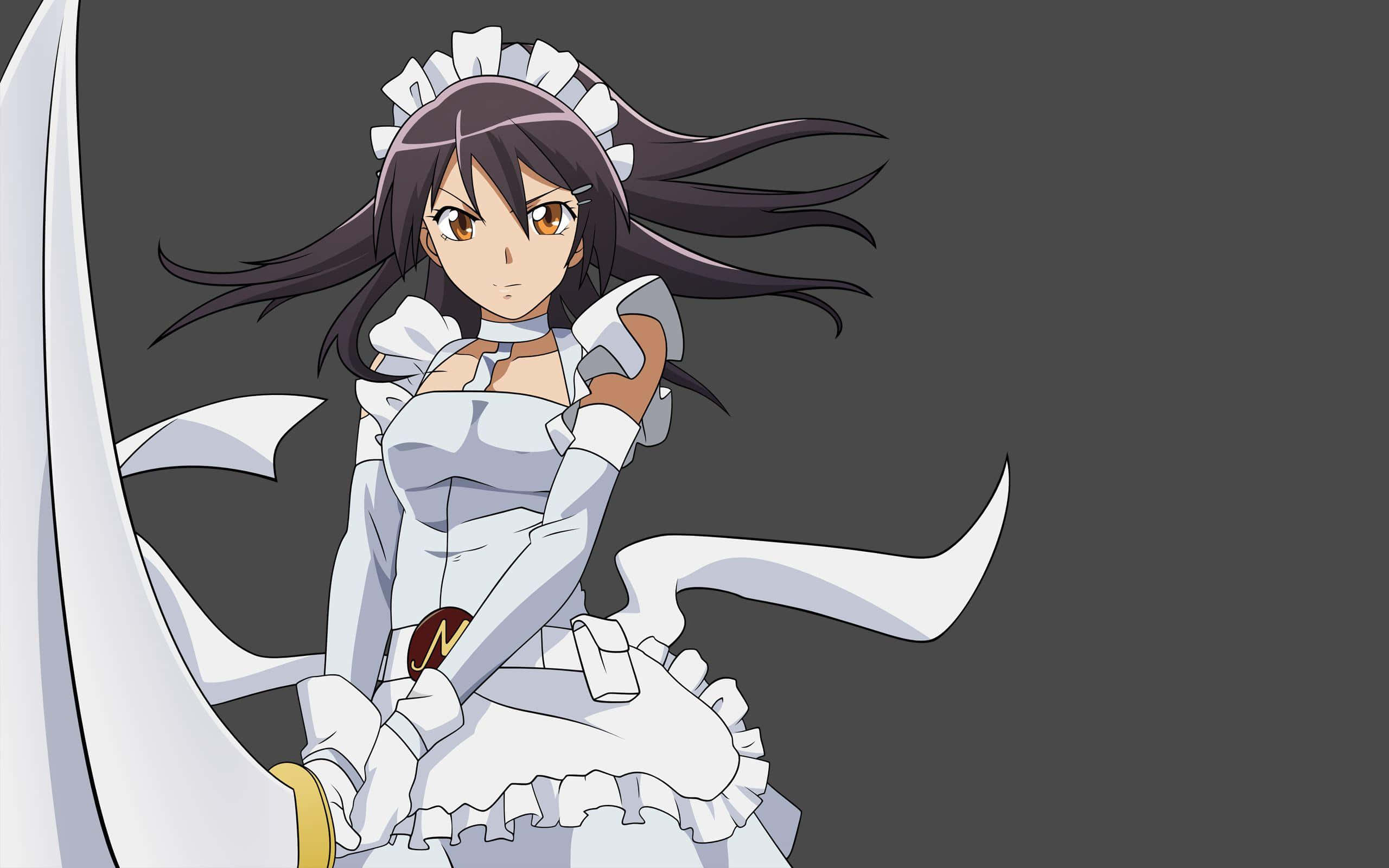 Misaki與Usui——《女僕王子》的雙星主角 壁紙 — 灰色背景前，身穿白色女僕裝、飄逸黑髮、表情堅定的動漫女孩。