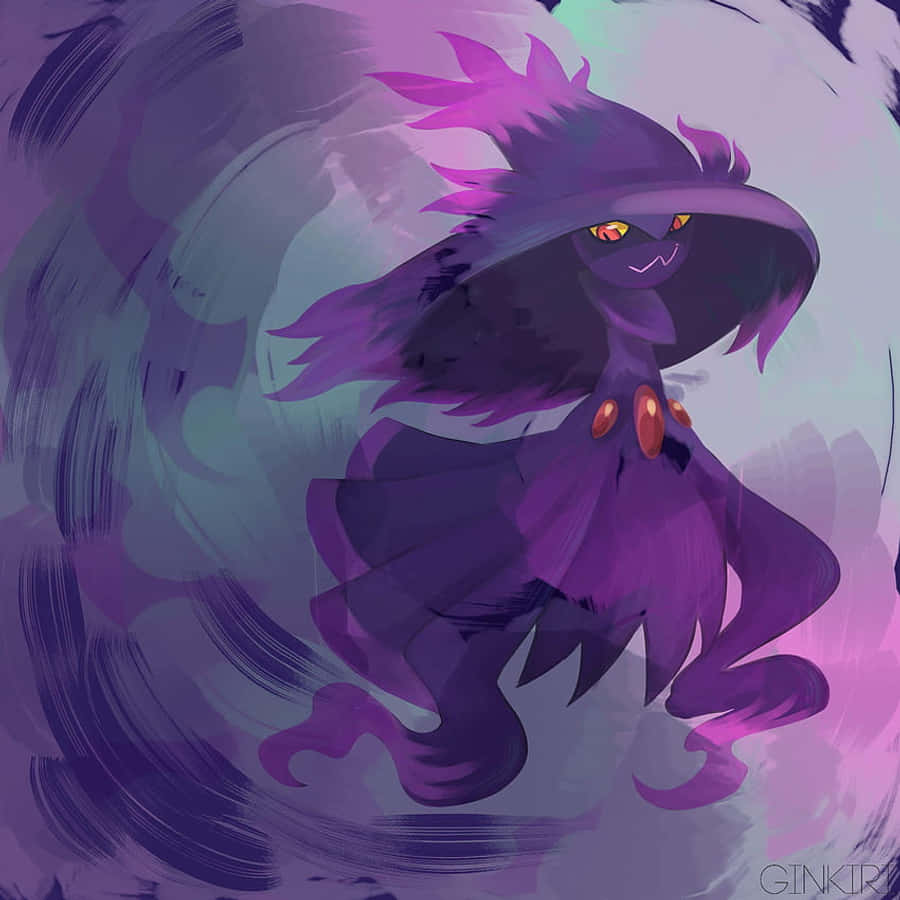 幽靈寶可夢 Mismagius 壁紙 — 一個帶有發光橙色眼睛和飄逸頭髮的紫色女巫般威脅性生物，站在旋轉的黑暗魔法之中。