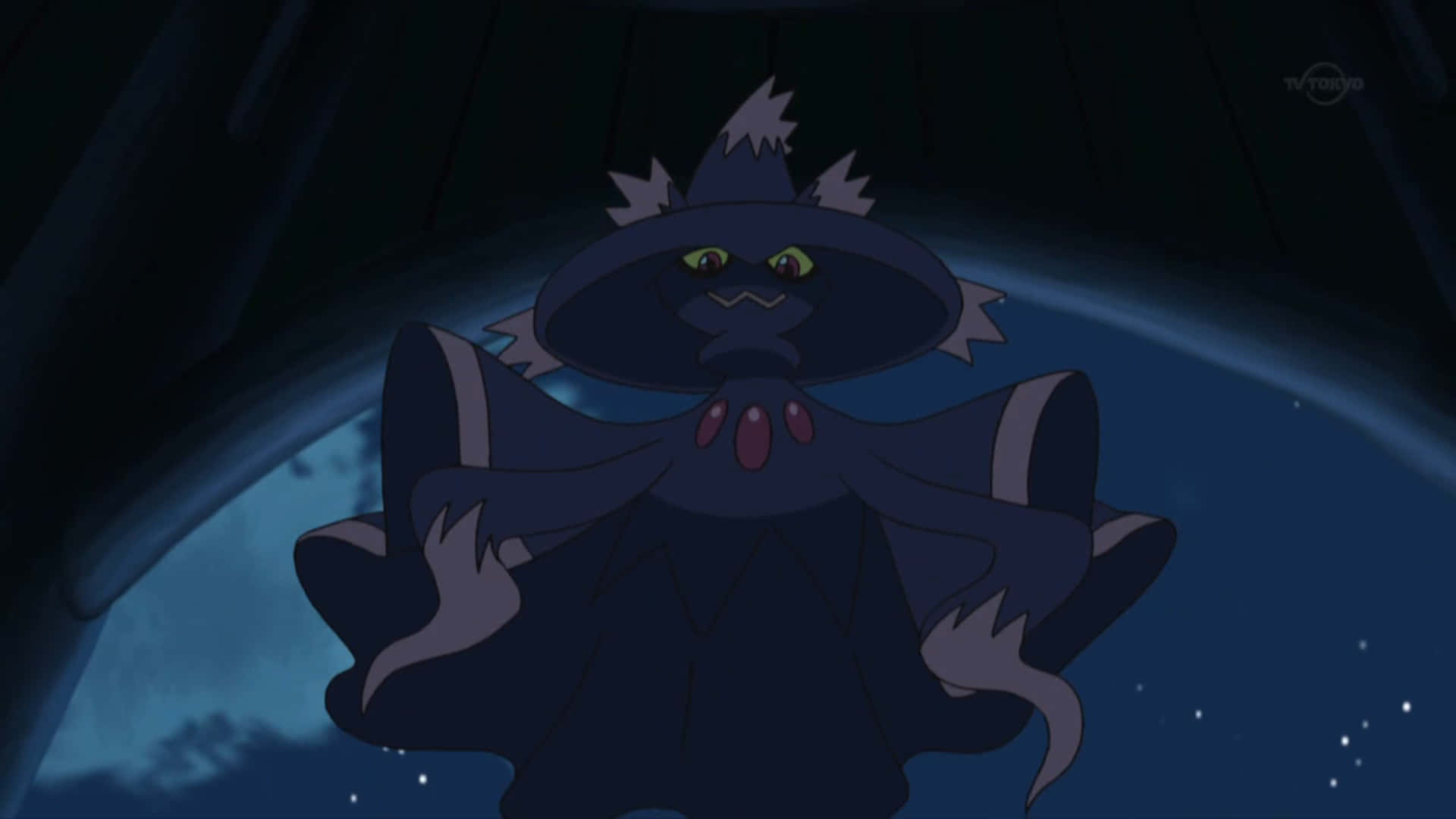 飄浮的幽靈寶可夢 Mismagius 壁紙 — 一個深藍色動漫鬼魂，有著發光的黃色眼睛和尖帽子，在繁星點點的夜空下威風凜凜地站立。