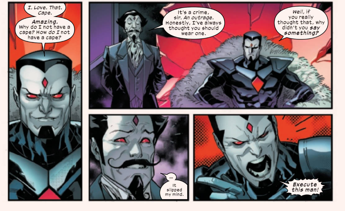 漫畫中 Mister Sinister 的畫面 壁紙 — 漫畫面板顯示一個紅眼睛、額頭有鑽石標記的惡棍憤怒地要求一件斗篷，而另一個角色緊張地解釋說他忘記了。