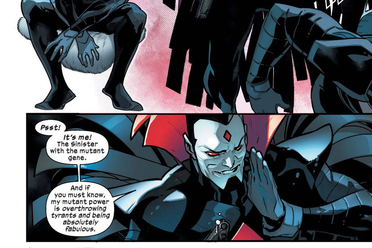 Mister Sinister 的名言 壁紙 — 一個漫畫格顯示一個邪惡的變種人角色，紅眼睛，帶著冷笑，低聲說他的力量是推翻暴君，而另一個人物跪在附近。