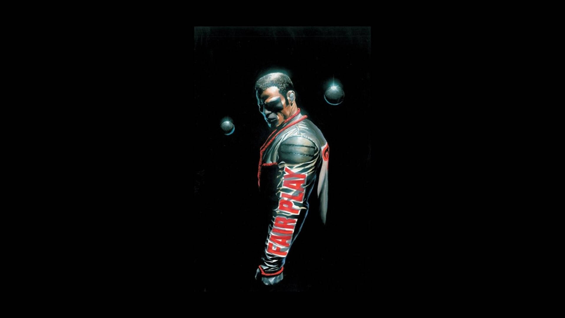 Mister Terrific - 正義協會 壁紙 — 一個穿著黑色皮褸、上面有紅色 'FAIR PLAY' 字樣的男人，站在黑暗背景中，周圍有發光的球體漂浮。
