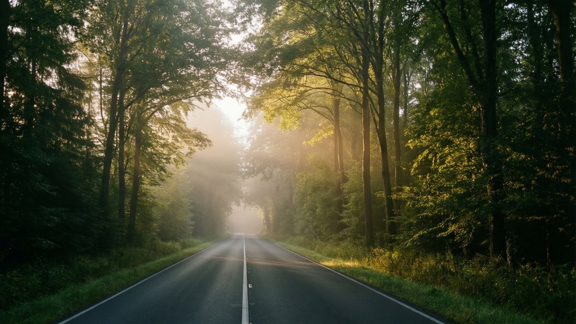 一條安靜的道路蜿蜒穿過霧氣瀰漫的森林，陽光穿過高聳的樹木。