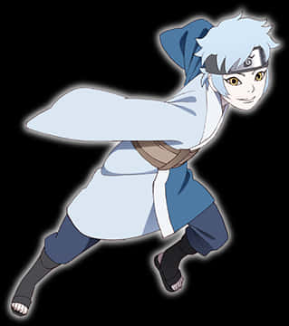 空（Mitsuki）戰鬥準備姿勢 壁紙 — 銀髮藍衣的動漫角色在黑色背景上動態奔跑。